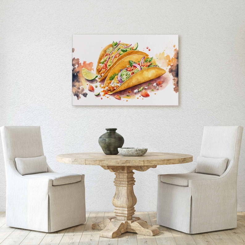 May include: Three watercolor tacos with fillings of lettuce, tomato, and cheese on a white background with watercolor splatters.