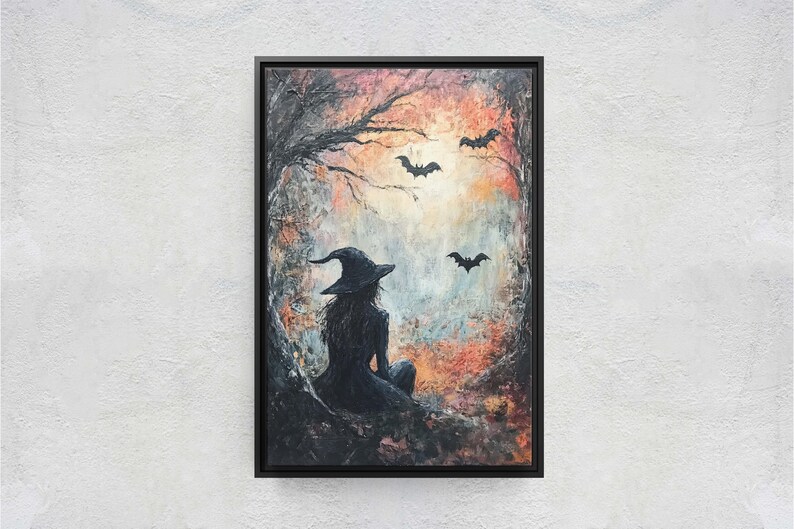 Witch and Bats Canvas: Creepy Gothic Decor (Matte Cotton Print) image 4