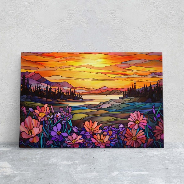 Stained Glass Painting, Faux Stained Glass, Sunset Flowers, Sunrise Field, Mountain Landscape, Framed Canvas, Vivid Colorful