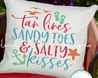 Tan Lines Salty Toes Sandy Kisses Pillow Cover - 18" x 18" Fun Summer Beach Pillow Cover - Cute Beach Pillow - Coastal Decor