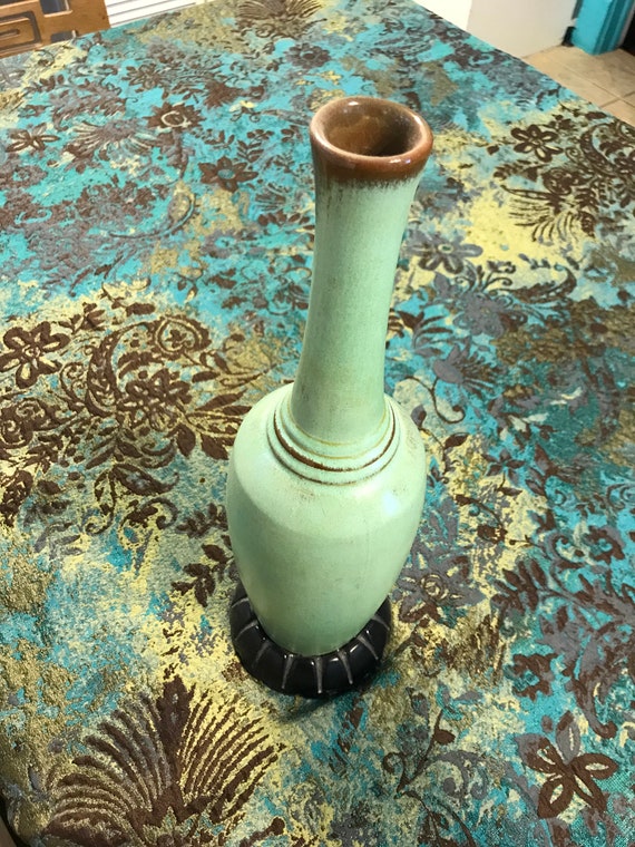 Frankoma Prairie Green Pottery Tall Vase Signed and Numbered