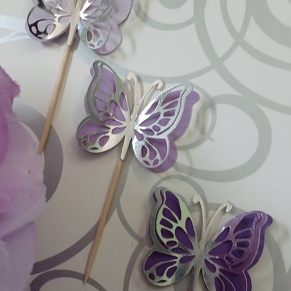 Silver Lavender Butterfly Cupcake Toppers, Lilac Butterfly Cupcake Toppers, Purple Cupcake Toppers, 3D Butterfly Cupcake Toppers