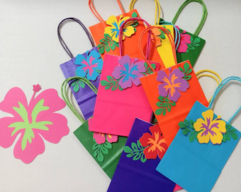 Hawaiian Bags, Aloha Themed Party, Luau Favor Bags, Hibiscus Treat Party Bag, Hibiscus Flower Treat Paper Bags 4.25" x 5.75", Tropical Party