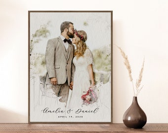 Watercolor Couple Portrait From Photo, Custom Wedding Anniversary Gift For Wife, Engagement Gift For Couple, Unique Wedding Gift For Husband
