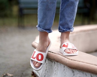 Summer flip-flops, beach shoes, holiday flip-flops, white sandals, love flip-flops, slip-on shoes, flat shoes, personalized flip flops, love