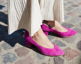 Women's velvet pumps, fuchsia shoes, low heels, block shoes, toe pumps, small sizes, fuchsia leather - Westika