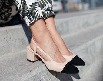 Women&#39;s leather pumps, low block heels, elegant office two-tone, black toe sandals, slingback in beige and black, office pumps - Rimini