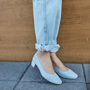 Women&#39;s velvet pumps, low heels shoes, handmade leather women&#39;s shoes, blue shoes, gift