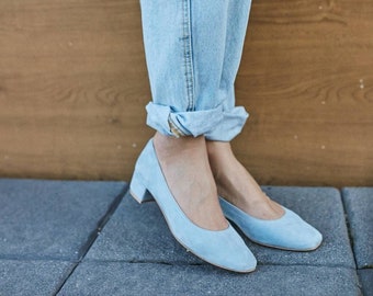 Women's velvet pumps, women's low heels, comfortable low heel, large sizes, toe pumps, blue pumps, handmade - Elize