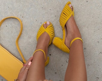 Suede sandals for women, toeless pumps closed with a strap, summer shoes, yellow pumps with small heels, handmade - Tokyo