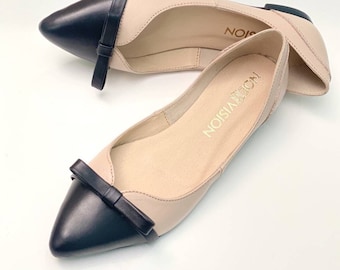 Leather pumps for women, flat shoes with a bow, pointed ballerinas two-tone beige ballerinas with black toe - Rava