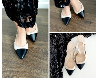 Women's leather pumps, low heel shoes, black toe shoes, two-tone shoes - Rimini