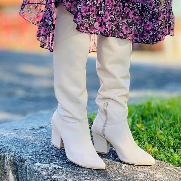 Bottines en cuir pour femmes à talons confortables, bottes hautes blanc crème, chaussures faites à la main- Credito