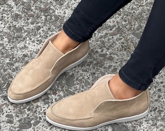 Damen-Loafer aus Wildleder, flache Stiefeletten zum Hineinschlüpfen, flache Sohle, Halbsaison-Schuhe, niedrige Freizeitschuhe – Kangri