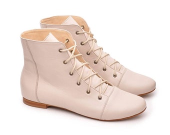 Pink lace-up ankle boots, leather ankle boots for women, lace-up high shoes, flat dress shoes, lace-up boots, custom boots, walking shoes