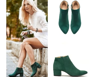Women's Leather Boots, Autumn and Winter Suede Ankle Boots, Low Heel Shoes, Large and Small Sizes, Green Boots -Wendy