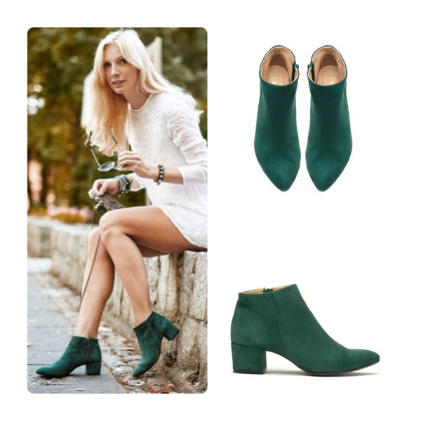 Bottes en cuir pour femmes, Bottines en daim d'automne et d'hiver, Chaussures à talons bas, Grandes et petites tailles, Bottes vertes -Wendy