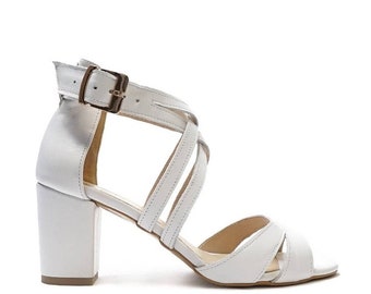 Heeled sandals for women, leather shoes for women, strappy sandals, block sandals, handmade - Blancito