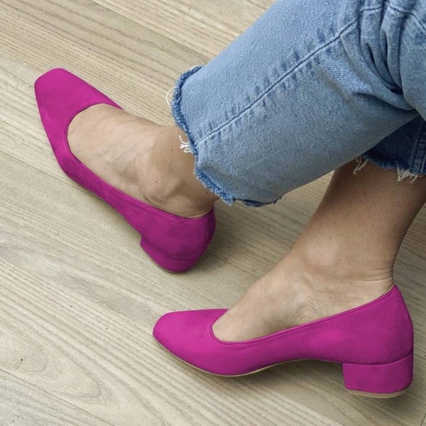 Velvet women's pumps, comfortable low heel, small and large sizes, fuchsia pump, small and large sizes, elegant shoes