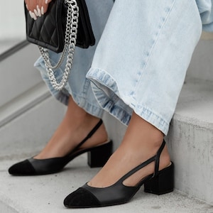 Women&#39;s leather pumps, low heels, black toe shoes, two-tone shoes - Rimini