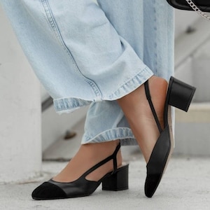 Women's Low Heel Leather Pumps, Black Slingback Sandals, Two Tone, Black Toe, Business Shoes - Rimini