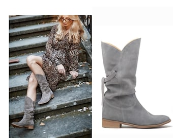 Women's Suede Ankle Boots, Leather Knee High Boots, Flat Sole High Boots, Handmade, Natural Leather, Large & Small Size -Velma
