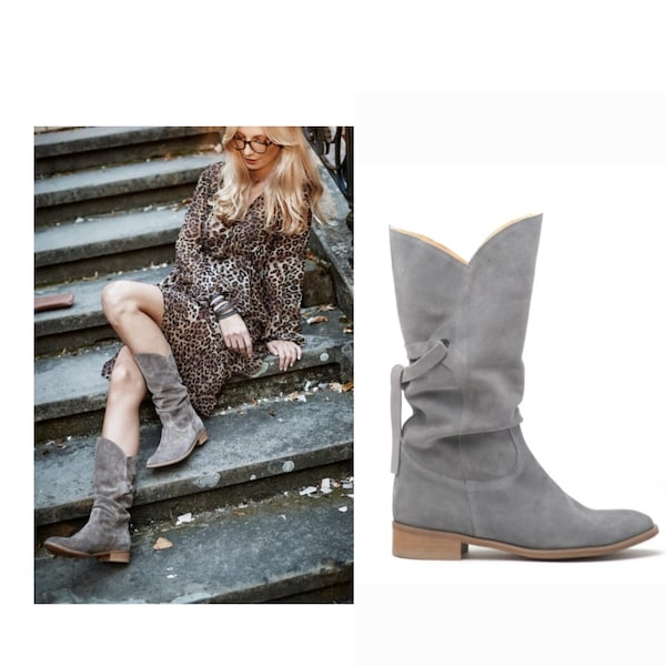 Suede women's ankle boots, leather knee high boots, flat sole high boots, handmade, natural leather, large and small size -Velma