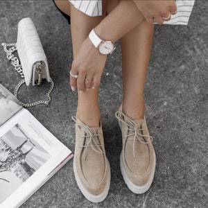 Suede Thick Sole Boots for Women, Low Top Lace Up Ankle Boots, Handmade Genuine Leather Shoes, Chunky Sole - Jonas