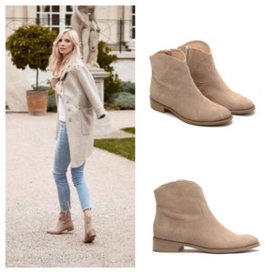 Suede dames enkellaarzen, gepersonaliseerde laarzen, herfstflats, lage enkellaarzen, grote maten, handgemaakt - Manos