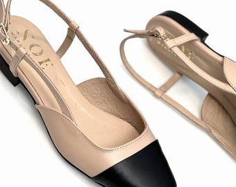 Women's leather pumps, flats, strappy ballet flats, elegant two-tone pumps, black toe, office shoes-Scarlet