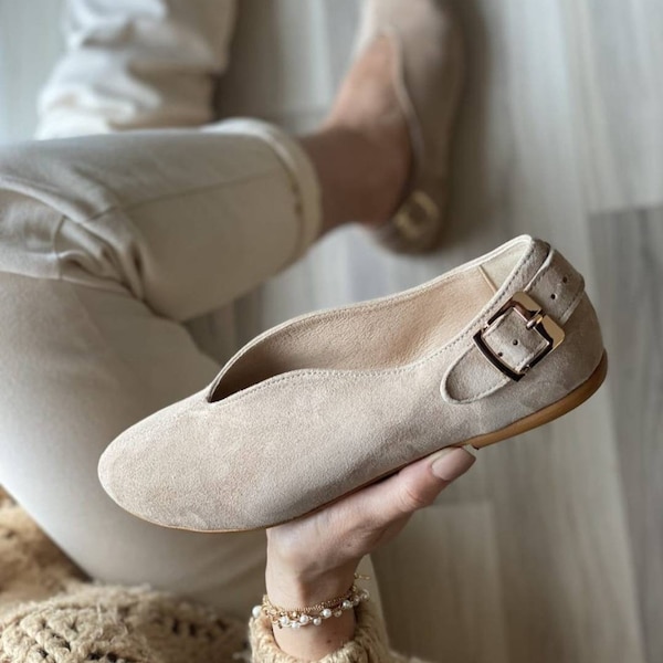 Chaussures plates, escarpins à enfiler, chaussures de mise à la terre, pieds nus sandales en daim pour femmes, fait à la main en cuir