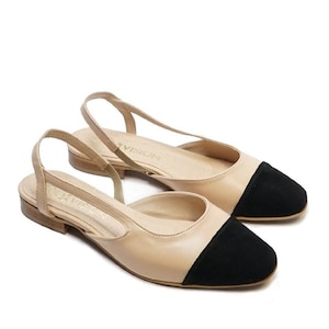 Women&#39;s leather pumps, flat shoes, slip-on ballerinas, two-tone pumps, black toe, strappy sandals - Arman