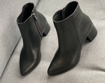 Women's Leather Ankle Boots, Classic Low Heel Ankle Boots, Black Autumn Shoes, Pointed Toe, Big and Small Sizes -Adin