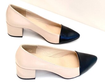 Women's Leather Pumps, Two-tone Shoes, Beige With a Black