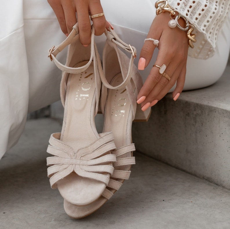Women's suede sandals, beige pumps with low heels, sandals with a strap around the ankle, bridesmaid shoes image 4