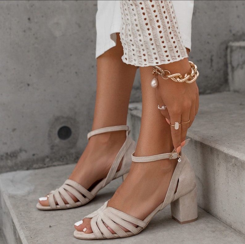 Women's suede sandals, beige pumps with low heels, sandals with a strap around the ankle, bridesmaid shoes image 1