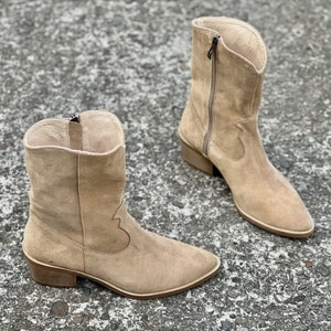 Women's leather cowboy boots, high western boots, suede shoes with a small heel and a pointed toe, cowboy boots - Carlos