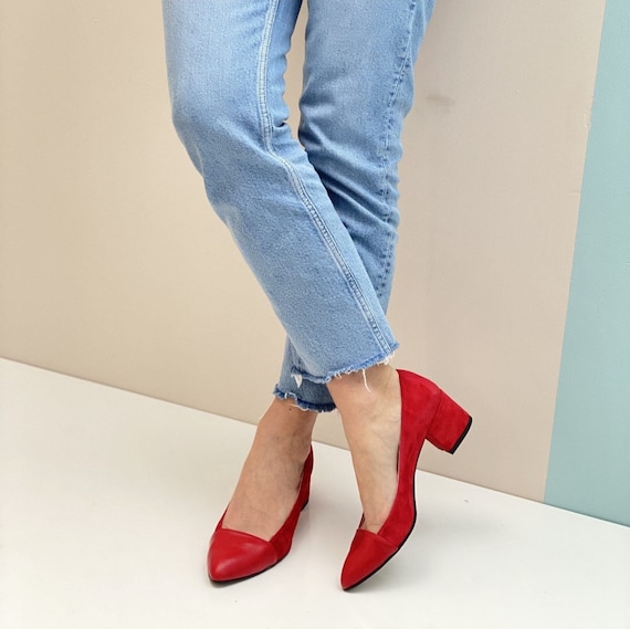 Women's Leather Pumps, Two-tone Shoes, Beige With a Black