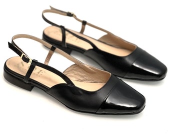 Women's leather pumps, flats, strappy ballet flats, elegant two-tone pumps, black toe, office shoes-Scarlet