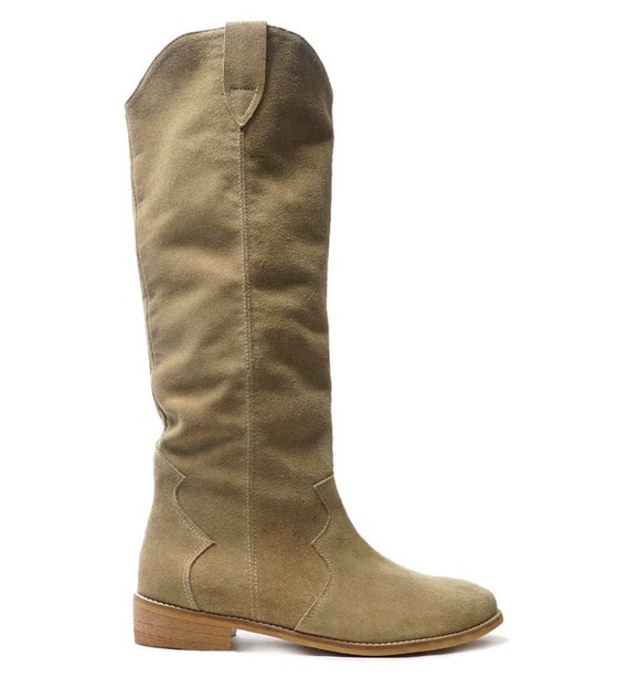 Dameskniehoge laarzen suede kniehoge laarzen handgemaakt leer enkellaarsjes met platte zool herfst winterschoenen Etsy Nederland
