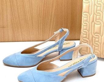 Women's suede sandals, closed toe slingback, blue bridesmaid shoes, leather pumps, wedding shoes