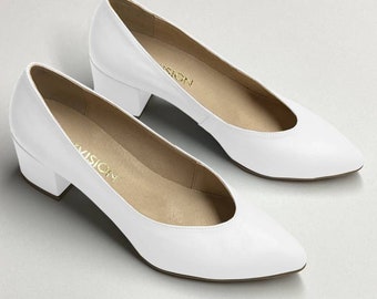 Women's leather pumps, low heel, white slip-on shoes, wedding sandals, handmade leather, pointed toe -Westika