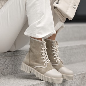 Leather ankle boots for women, flat shoes, autumn boots, lace-up boots, side boots, thick sole - Adelina