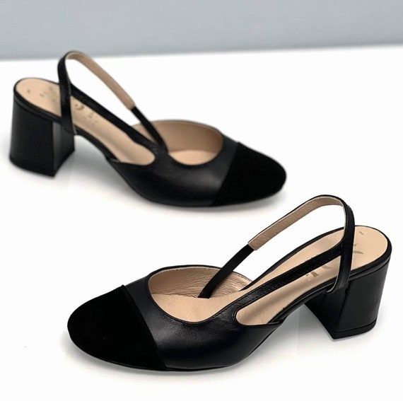 Escarpins femme en cuir noir, chaussures bicolores, petit poteau de talon, pointe noire, sandales classiques sans dossier, fait main -RiVoli