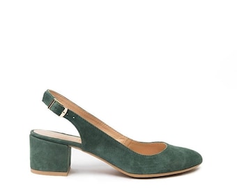 Dames suède sandalen, pumps met lage hak, elegante slingback schoenen, klassieke leren pumps, handgemaakt