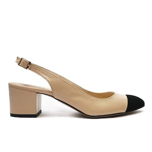 Women&#39;s Leather Pumps, Low Heel, Black Toe, Two-Tone Shoes, Classic Backless Sandals, Office Shoes - Hestia