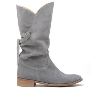 natural leather boots, wide and wide shaft, wide knee high boots, wide thigh high boots, suede lace-up high top shoes - Velma