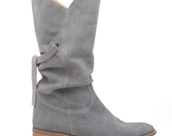 natural leather boots, loose and wide upper, loose high boots, wide thigh boots, suede lace-up high top shoes - Velma