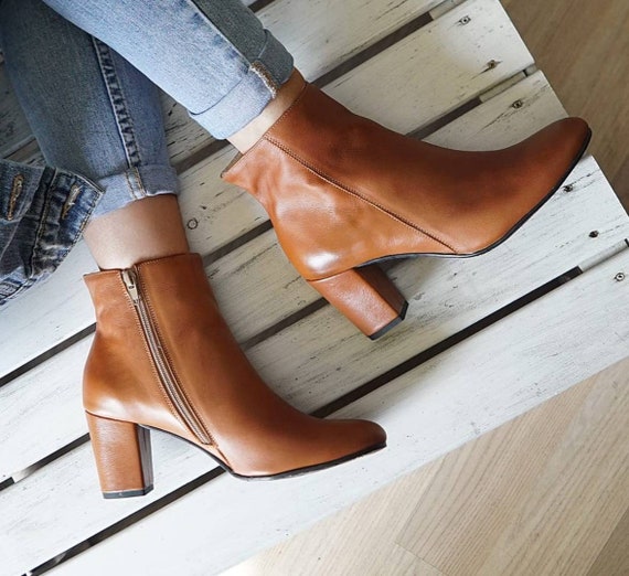 Women's Leather Ankle Boots, Low Ankle Boots, Camel Ankle Boots