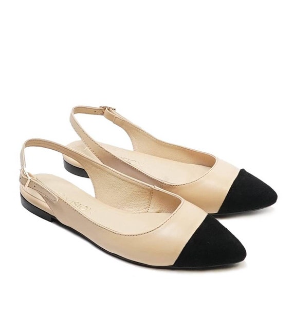 Women's Leather Pumps Beige Pointy Ballerinas With Black -  Norway